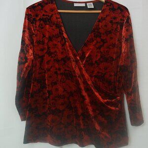 Jaclyn Smith Red Black Floral Velvet Wrap Top 3/4 Sleeve Size XL